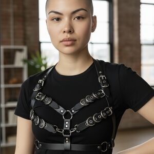 Sleek Black Leather Harness Belt